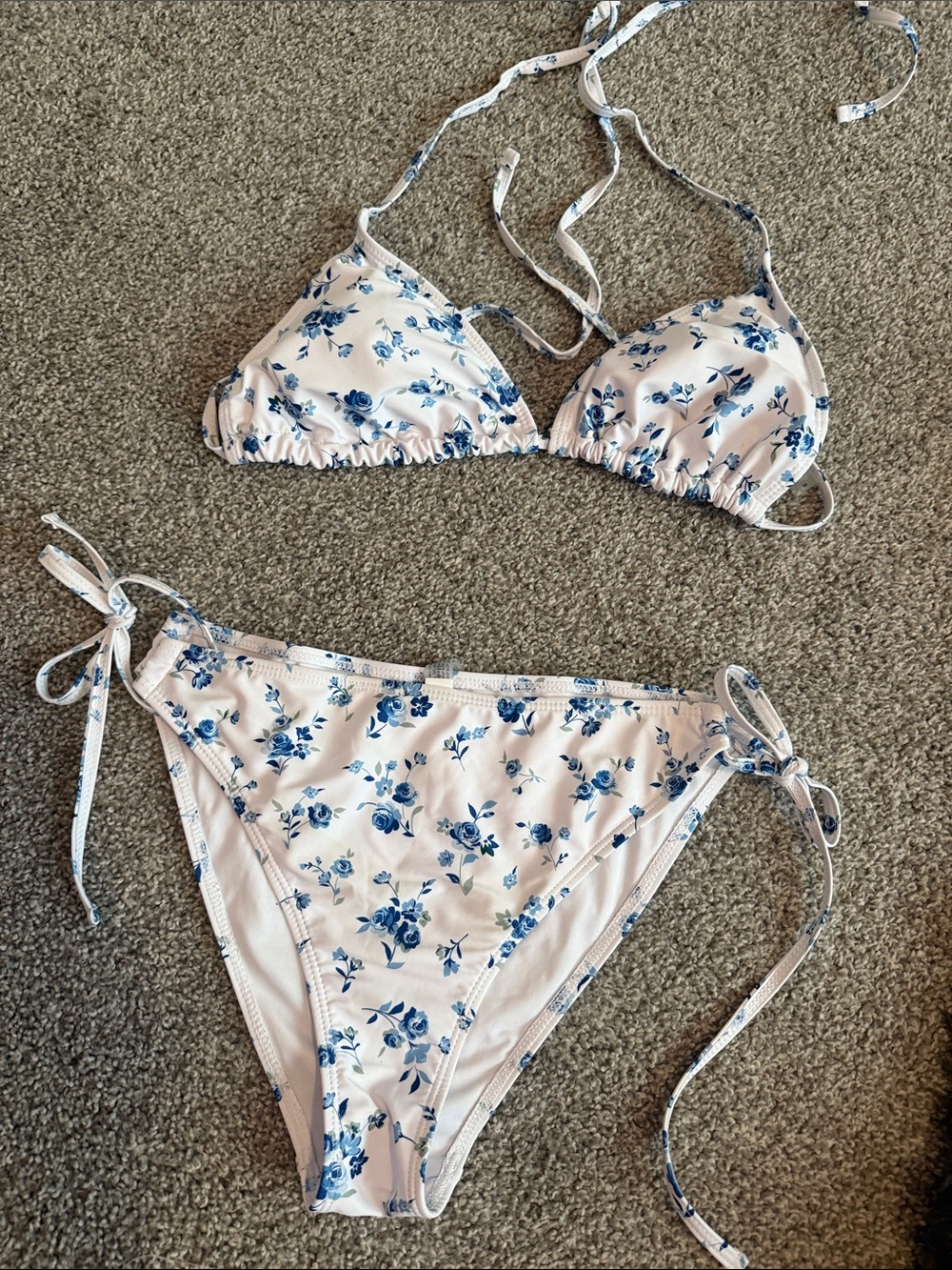 Floral Two-Piece Tie-Side Bikini - Blue on white.  Never worn